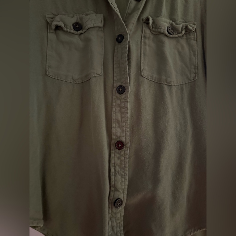 Army green soft button up shirt.